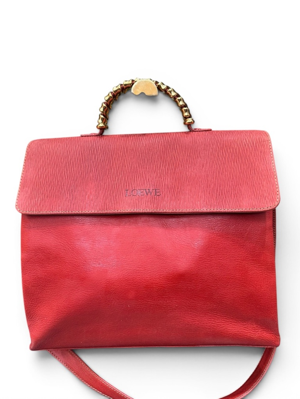 Vintage Loewe Tomato Red Leather Top Handle Crossbody Bag Sculptural Handle
